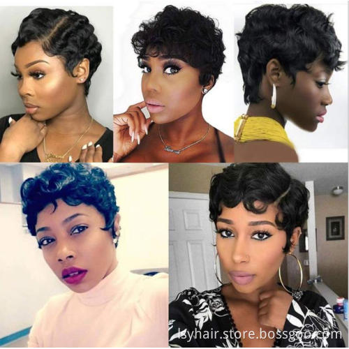 Short Pixie Cut Finger Wave Wig 100% Human Hair,  Non Lace Machine Made Pixie Wavy Short Human Hair Wigs For Black Women